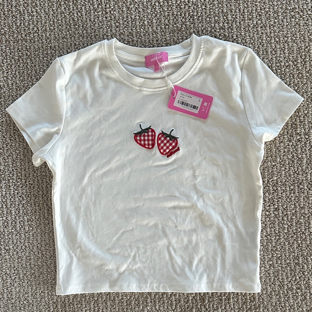 Edikted Tee with Red Gingham Strawberry Embroidery